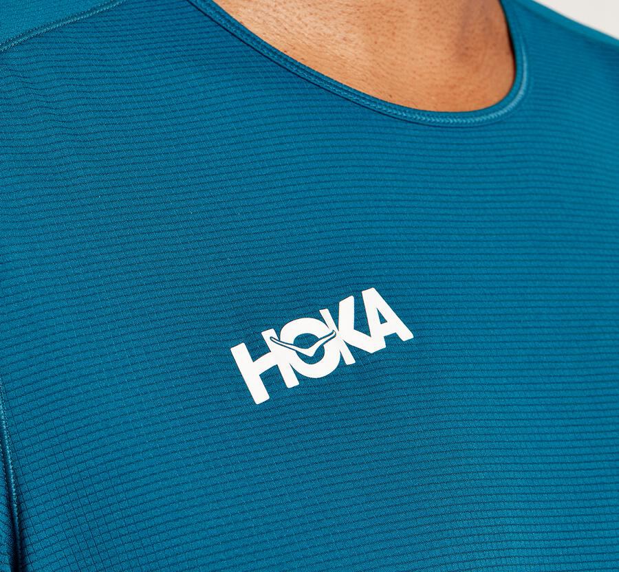 Hoka One One Top Erkek Mavi - Performance Short Sleeve - DA9682143